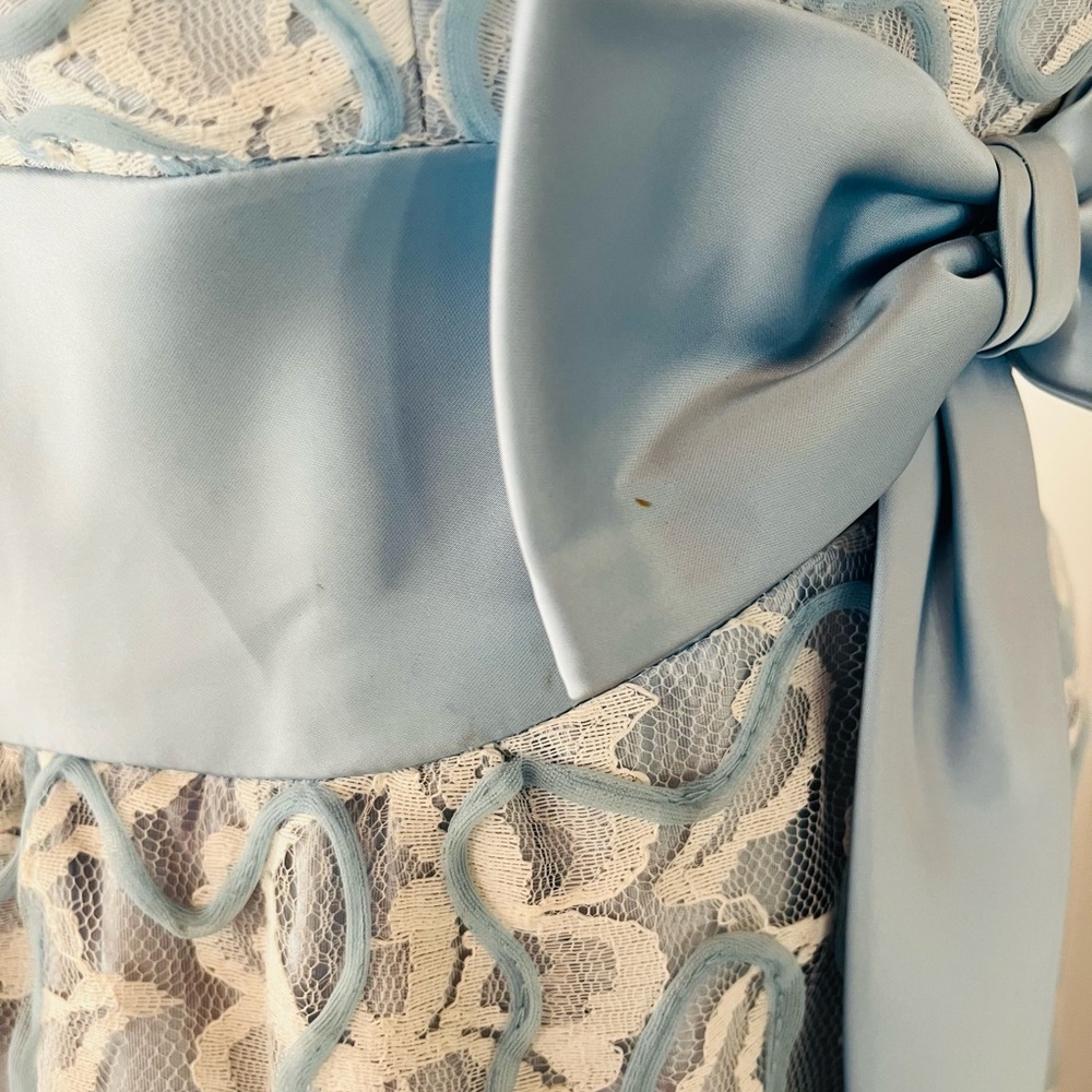 Vintage Blue and White Lace Gown with Satin Bow Small Unusual Pattern Applique - Picture 8 of 15